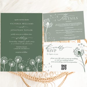 Op de afbeelding: Trouwuitnodigingsset in groen en wit. De set bevat de namen Victoria Williams en Jonathan Taylor, huwelijksdetails en een RSVP-kaart. Het ontwerp bevat illustraties van paardenbloemen.
