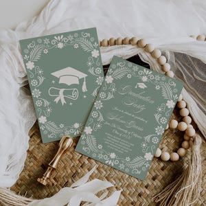 May include: Two sage green graduation party invitations with floral borders and a mortarboard and diploma illustration. One invitation reads "Graduation Party" and includes event details.