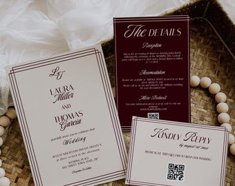 Luxus-Hochzeitseinladung in Burgunderbeige, Save The Date Antwortkarten Formelle bearbeitbare Vorlage (Digital)