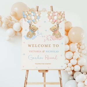 Cartel de bienvenida editable para revelar el género de un oso: plantilla de póster digital con globos rosas y azules