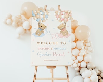 Editable Bear Gender Reveal Welcome Sign - Pink & Blue Balloons Digital Poster Template