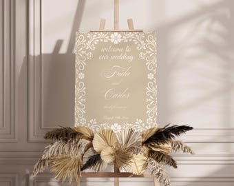Mexican Talavera Wedding Welcome Sign: Editable Beige Floral Fiesta Template