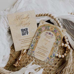 Convite de casamento digital Art Nouveau, convite Art Déco, cartão de resposta com flores Boho vintage, convite de casamento elegante, estilo retrô vitoriano WED001