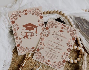 Mexican Graduation Party Invite, Talavera Brown Neutral Invitation, Fiesta Graduation Editable Template