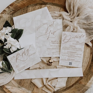 Conjunto de convites florais minimalistas Nothing Fancy Just Love, pacote de convites de casamento simples, modernos e elegantes, com detalhes RSVP, download digital