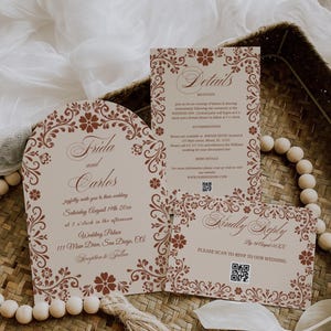 Beige Braune Talavera Hochzeit Bogen-Einladungs-Set, mexikanische Blumen Boho-Hochzeits-Einladung Set, rustikale Vintage-Papel Picado-Vorlage WED002