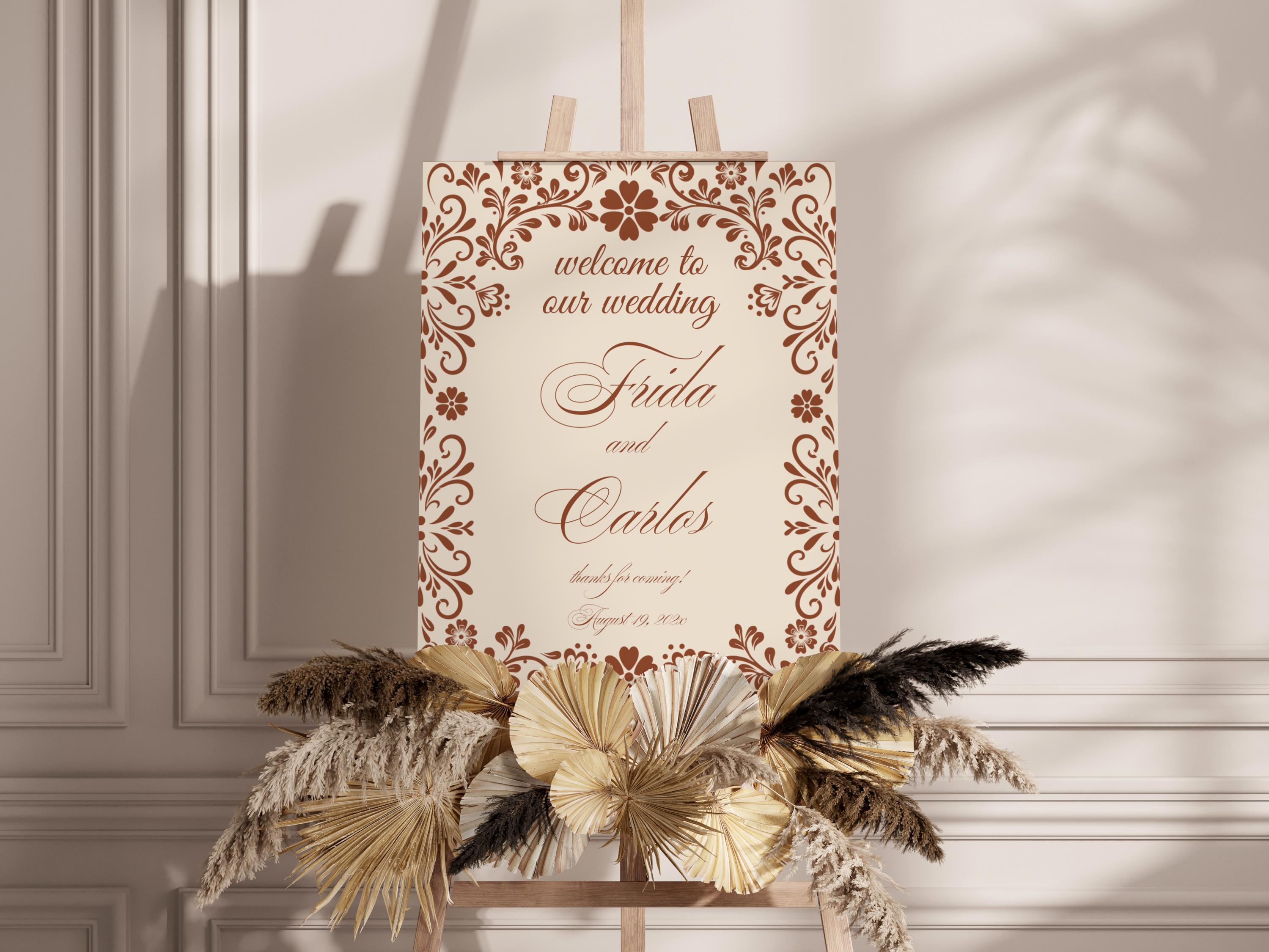 Neutral Rustic Wedding Floral Welcome Sign, Talavera Beige Editable ...