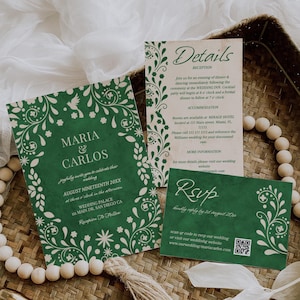 Emerald Green Talavera Wedding Invitation Suite: Editable Mexican Template
