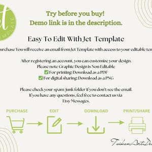 Puede incluir: Gr&aacute;fico beige y verde claro con el texto "Edit with Jet Template". El texto incluye instrucciones para descargar e imprimir. La imagen tambi&eacute;n incluye el texto "&iexcl;Pru&eacute;balo antes de comprar! El enlace de demostraci&oacute;n est&aacute; en la descripci&oacute;n."