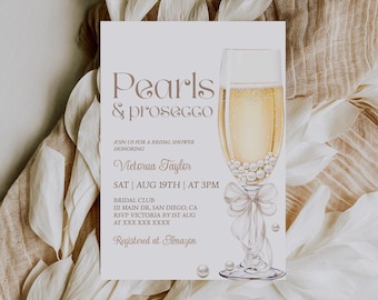Invitación elegante para despedida de soltera con perlas y prosecco, plantilla digital editable con copa de champán.