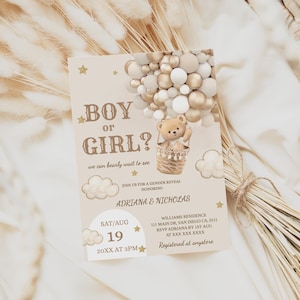 Invito per rivelazione del sesso del bambino, modello modificabile di mongolfiera dorata con orsetto, maschio o femmina, non possiamo aspettare, invito per baby shower neutro
