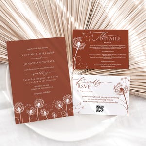 Suite de faire-part de mariage de fleurs sauvages en terre cuite d'automne, ensemble de modèles de faire-part de mariage orange graver, modèle modifiable de mariage floral élégant