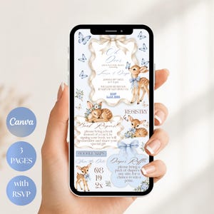 Pode incluir: Um convite digital para chá de bebê exibido na tela de um smartphone com ilustrações de filhotes de cervo, borboletas azuis e fitas. O texto inclui Oh Deer, Book Request, Registry e Diaper Raffle com detalhes do evento e link.