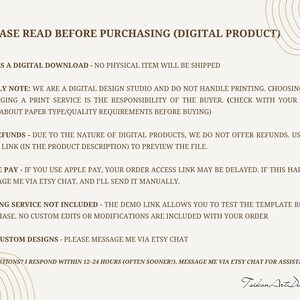 Puede incluir: Hoja de informaci&oacute;n de producto digital de color crema con texto marr&oacute;n. El texto detalla descargas digitales, reembolsos y dise&ntilde;os personalizados. Tambi&eacute;n menciona Apple Pay y el chat de Etsy para obtener ayuda. Una firma est&aacute; en la esquina inferior derecha.