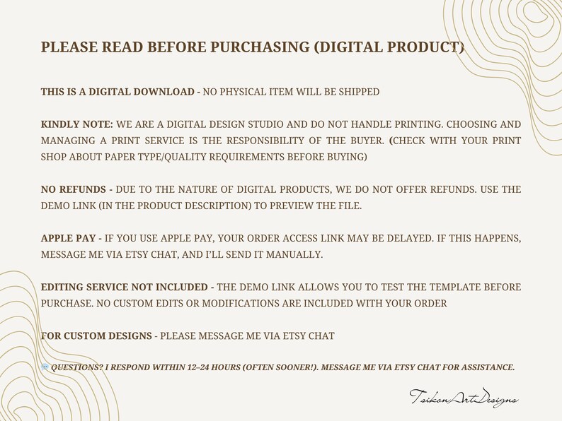 Puede incluir: Hoja de informaci&oacute;n de producto digital de color crema con texto marr&oacute;n. El texto detalla descargas digitales, reembolsos y dise&ntilde;os personalizados. Tambi&eacute;n menciona Apple Pay y el chat de Etsy para obtener ayuda. Una firma est&aacute; en la esquina inferior derecha.