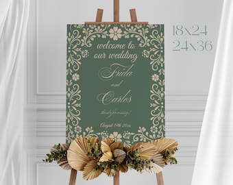 Talavera Floral Wedding Welcome Sign: Green Mexican Fiesta (Editable Template)