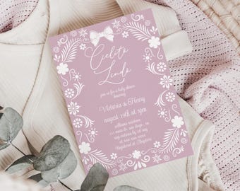 Invitación para baby shower Cielito Lindo en rosa empolvado: Talavera floral (plantilla editable)
