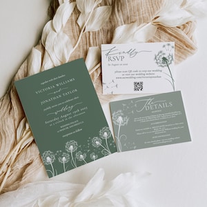 May include: Wedding stationery set with a green invitation card, RSVP card, and details card. The cards feature dandelion designs and text. The set is displayed on a neutral background with decorative elements.
