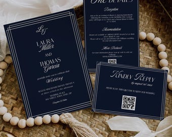 Navy Blue Old Money Wedding Invitation Suite, Elegant Monogram Editable Template