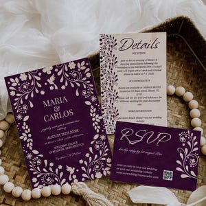 Conjunto de convites de casamento com fonte Talavera roxa (download digital)