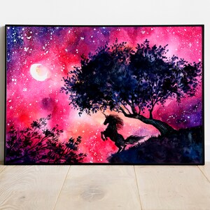 Unicorn Watercolor Art Print: Pink Sunset Nursery Decor