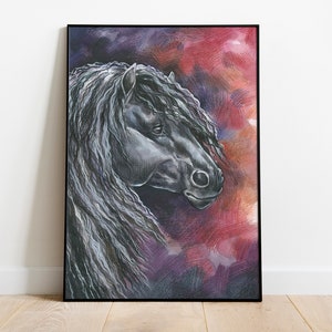 Fresian Hengst Kunstdruck · Pferde Kunst · Pferde Kunst · Aquarellmalerei · Poster · Tier · Wandkunst · Wanddeko · Zeichnung · Bleistifte