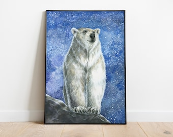 Könnte beinhalten: Aquarellmalerei eines Eisbären auf einem Felsen, vor einem blau-weißen Sternenhintergrund. Der Bär hat weißes Fell und einen fokussierten Blick, eingerahmt in einem schwarzen Rahmen.
