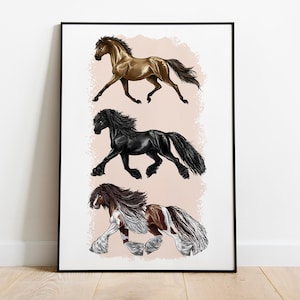 Lámina de tres caballos · Arte con caballos · Decoración de guardería · Arte mural · Animales de dibujos animados · Ilustraciones equinas · Póster de caballos · Razas de caballos