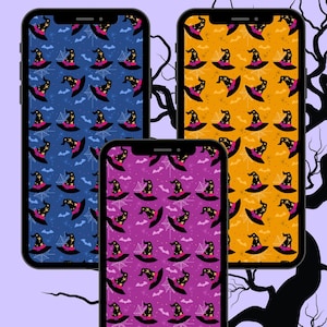 May include: Three phone mockups with different Halloween themed backgrounds. The backgrounds feature a repeating pattern of witch hats, bats, and spiderwebs. The phone mockups are in blue, orange, and purple.