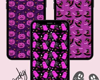 Pink Halloween Wallpapers, Ghost Phone Wallpaper, Witch Hat Computer Wallpaper, Desktop Wallpaper, Ipad Wallpaper,  Laptop Wallpaper