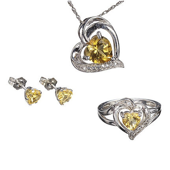 Citrine Pendant, Ring and Earrings with Sapphires in Sterling Silver