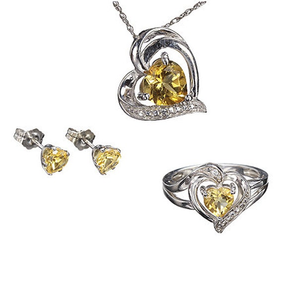 Citrine Pendant, Ring and Earrings with Sapphires in Sterling Silver