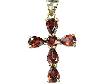 Cross Pendant - Red Rhodolite Garnet in Gold over Sterling Silver