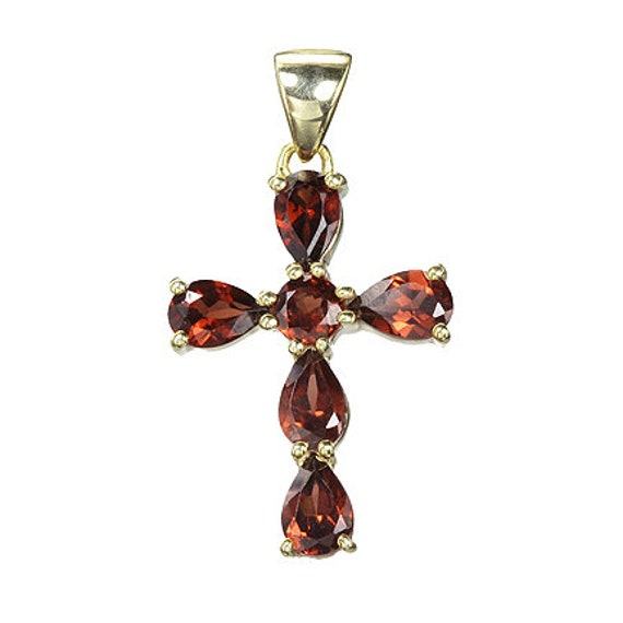 Cross Pendant - Red Rhodolite Garnet in Gold over Sterling Silver