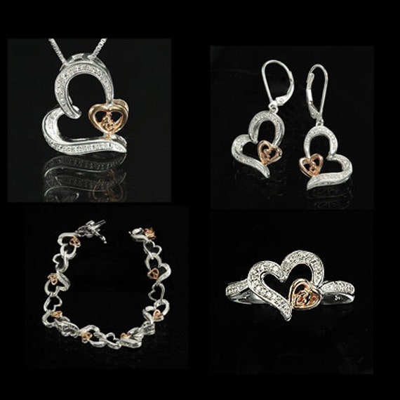 Four Piece Jewelry Set "Mother and Child" / (Ring, Earrings, Pendant and Bracelet) / in Silver, Nickel and Bronze with Diamonds