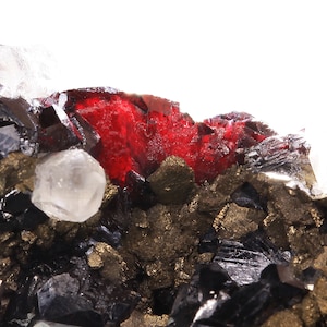 May include: A close-up of a red, black and gold mineral specimen. The red crystals are prominent and have a glassy lustre. The black crystals are smaller and more opaque. The gold crystals are scattered throughout the specimen.