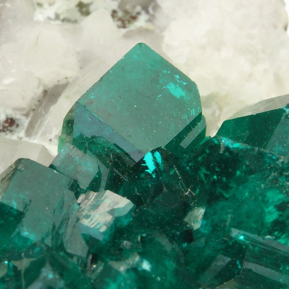 Dioptase on Calcite (classic material) / Locality - Tsumeb Mine, Tsumeb, Otjikoto Region, Namibia