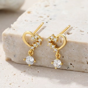 Dainty heart earring • minimalist earrings • 14k gold vermeil earrings • Tiny drop earrings • Gold heart earrings • Heart Hanging Earrings