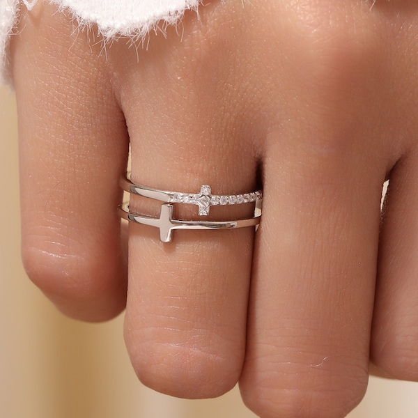 Bagues croisées pour femmes - Bague en argent sterling - Bague croix chrétienne - Cadeaux de bijoux catholiques - Bagues d'engagement de pureté de foi - Cadeau d'anniversaire