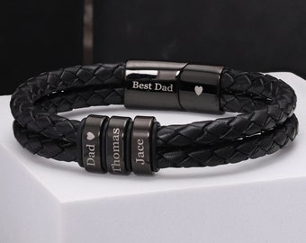 Custom Engraved Men's Bracelet - Perfect Gift for Dad, New Dad, Husband - Two-Layer Leather Wristband - Personalize with Up to 8 Names