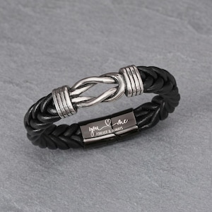Personalisiertes Leder Infinity Knot Armband, gravierter Edelstahl-Verschluss für Ihn