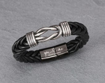 Personalized Leather Infinity Knot Bracelet, Engraved Stainless Steel Clasp for Him