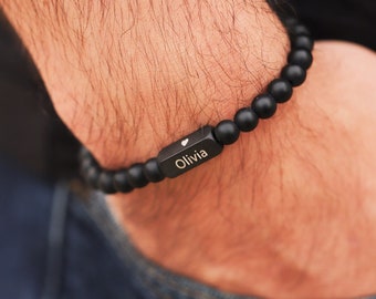 Personalisiertes schwarzes Achat Herren Armband - Gravierte Namensperle