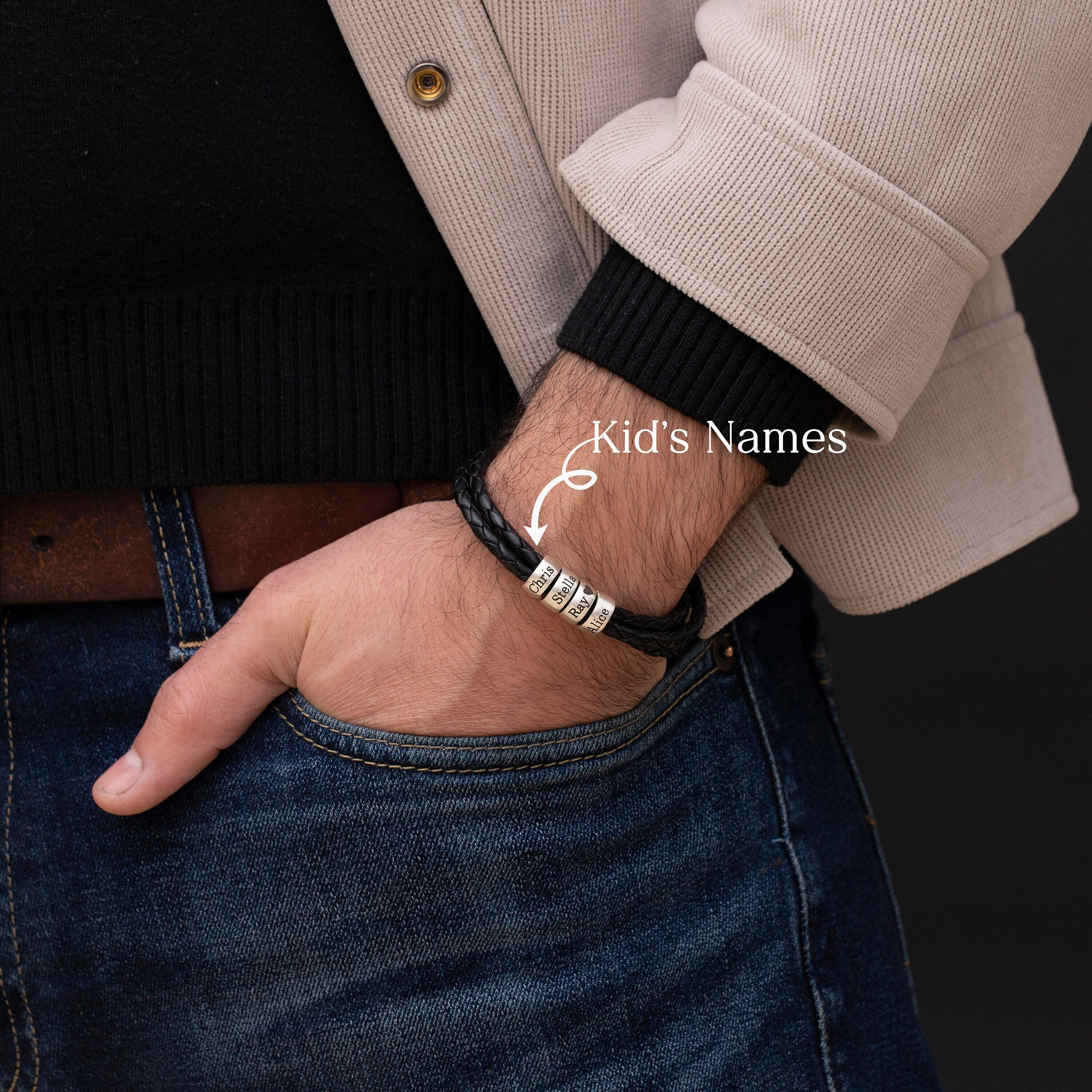 Personalized Men's Leather Bracelet with Kids Names | Unique birthday gift for husband - Father's Day Gift for Husband | Custom Dad Bracelet