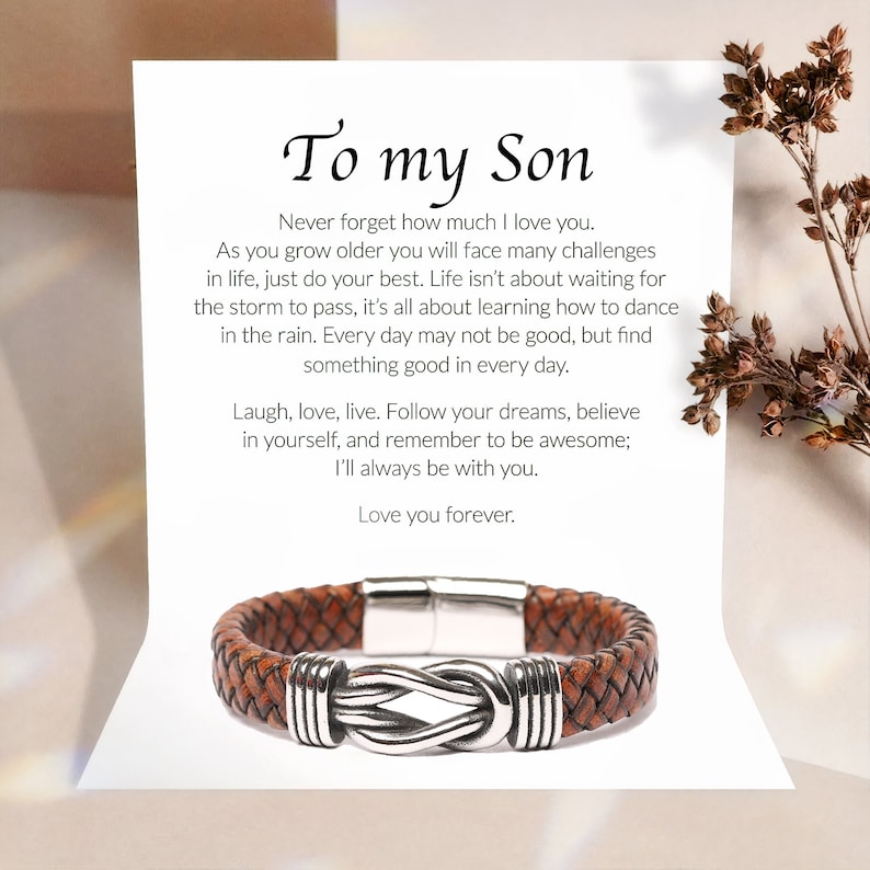 "To My Son" Bracelet From Mom & Dad - Engraved, Vegan Leather & Stainless Steel, 8.3", With Gift Box & Card