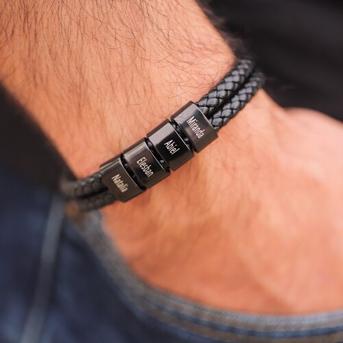 Personalized Stainless Steel Name Bracelet For Men - Custom Engraved Bead Bracelet Gift For Dad, Husband, Brother