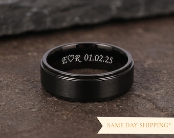 Anillo de tungsteno negro personalizado para él • Anillo de promesa para hombre • Alianza de boda para hombre • Anillo grabado • Regalo de aniversario - Regalo para novio
