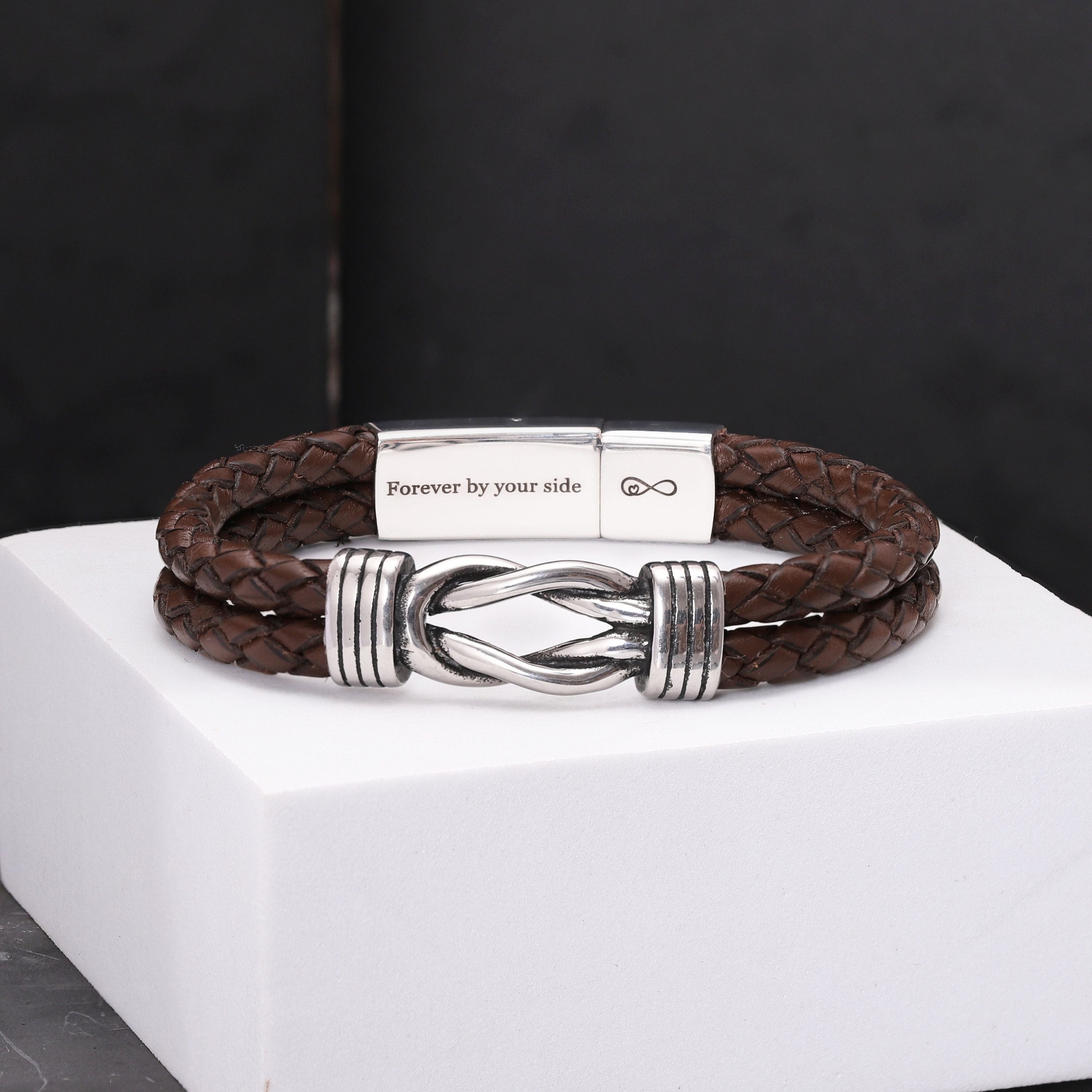 thumbnail image 2 of Personalised Engraved Leather Bracelet For Men – Stainless Steel, Adjustable, Custom Message 2 of 5