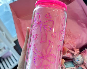 Cute Bow Can Glass- Soda Can Glass, Preppy Cup, Housewarming Gift,Iced Coffee Cup, Mug, Glass Cup
