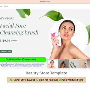 Könnte beinhalten: Webdesign für einen Beauty-Shop mit einer Gesichtsreinigungbürste. Das Design umfasst den Produktnamen, den Preis und ein Bild einer Person, die die Bürste benutzt. Die Website-Vorlage ist für Konversionen optimiert.